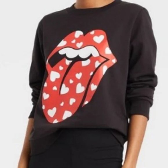 the Rolling Stones Tops - The Rolling Stones Black Red Lips Heart Graphic Print Pullover Sweatshirt Size M